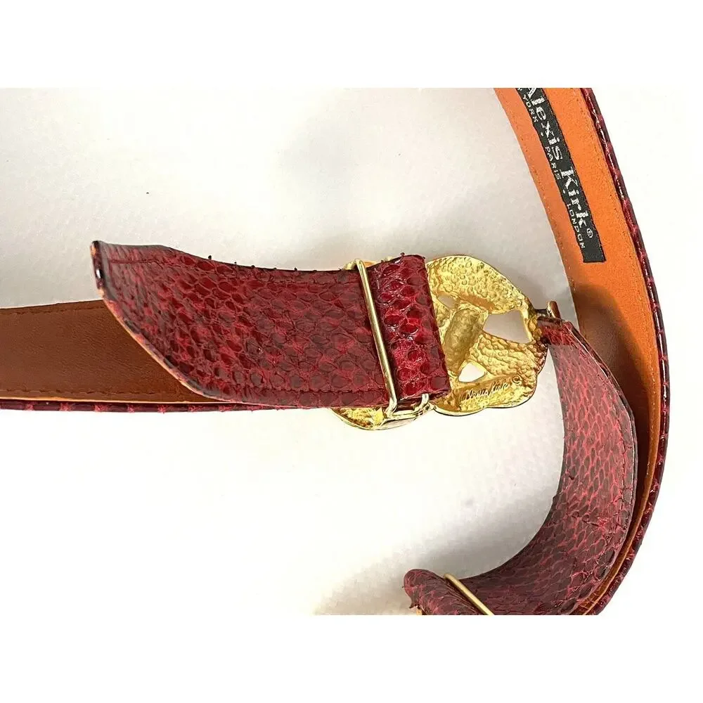 Adjustable Vintage ALEXIS KIRK 80s Red Reptile Gold Love Knot Buckle Belt Signed